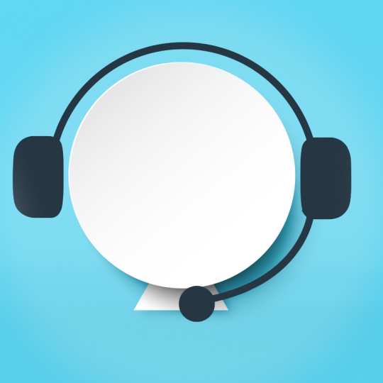 Grafik einer Person mit Headset und verschiedenen Icons.