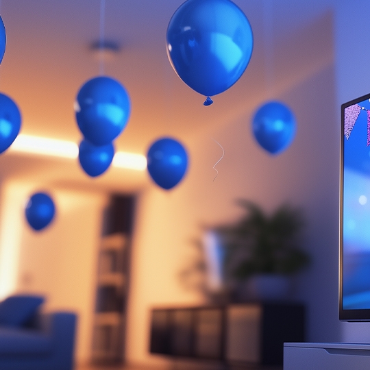 Raum mit blauen Luftballons und Fernseher, der eine Girlanden-Grafik anzeigt.