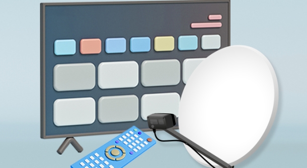 Eine Satellitenschüssel, Fernbedienung und einen Fernseher.