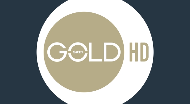 SAT1 Gold HD Logo - schwarzer Hintergrund mit weißem Kreis und in dem weißen Kreis nochmal goldener Kreis mit der Aufschrift "SAT 1 Gold HD"